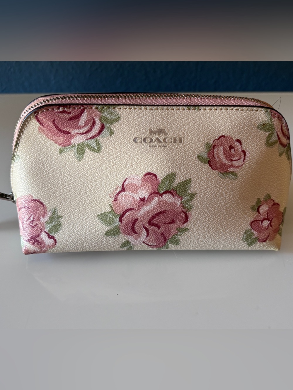 Coach Floral Print Cosmetic Case Makeup Bag Pouch Pink Rose Ivory Zip EUC